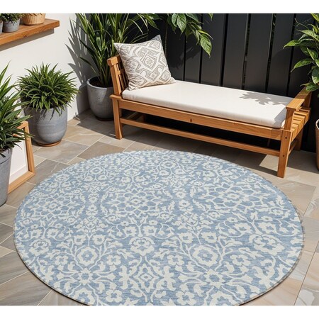 Homeroots 8' Denim Blue And Ivory Round Damask Washable Indoor Outdoor Area Rug 595135