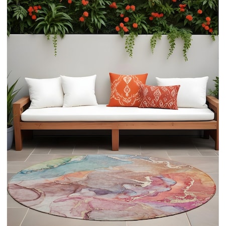 Homeroots 8' Round Blue Round Abstract Washable Non Skid Indoor Outdoor Area Rug 559173