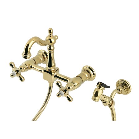 Kingston Brass Two-Handle Wall Mount Bridge Kitchen Faucet with Brass Sprayer, Polished Brass KS2442AXBS