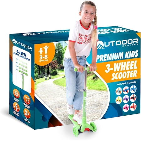 Outdoorcruiser Outdoor Cruiser 3-Wheel Kids Scooter, Lean-to-Steer, LED Wheels, Adjustable T-Bar, Green OCKSGR