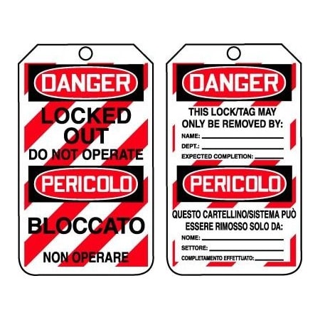 Accuform Safety Tags, DANGER LOCKED OUT DO NOT OPERATE BILINGUAL ITALIAN, 5.75in x 3.25in, RP-Plastic, 5PK TMT218PTM