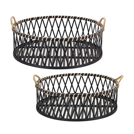 Homeroots Set of Two Black and Tan Round Bamboo Serving Tray With Handles 516321