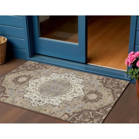 Homeroots 3' X 5' Chocolate Beige And Gray Oriental Washable Indoor Outdoor Area Rug 596620