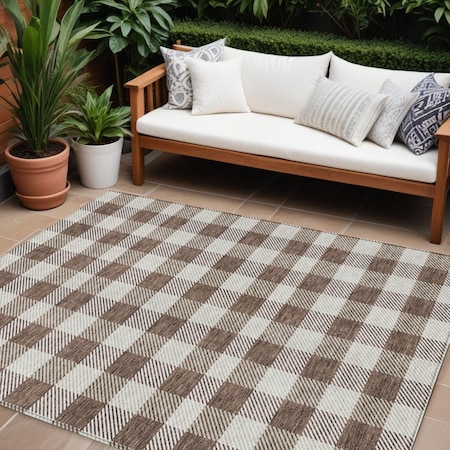 Homeroots 10' X 14' Brown And Beige Plaid Washable Indoor Outdoor Area Rug 595474