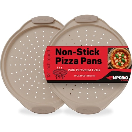 Emporio Kitchen Non-Stick Pizza Pan with Silicone Handle, 13in Carbon Steel, Perforated, White Marble, 2PK EKPIZAPSILWHT2