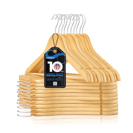 Serenelife Wooden Coat Hangers, Durable Suit Hangers w/ 360 Deg Swivel Hook and Notches, Slim Design, 10PK SLHWD10