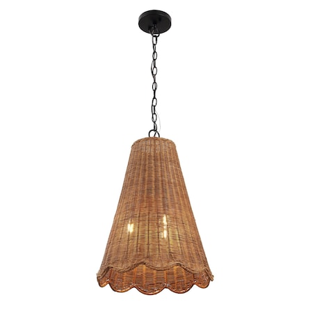 Jonathan Y Maria 16" 3-Light Coastal Bohemian Adjustable Hand-Woven Rattan Tapered Scalloped Cylinder LED Penda JYL1613A
