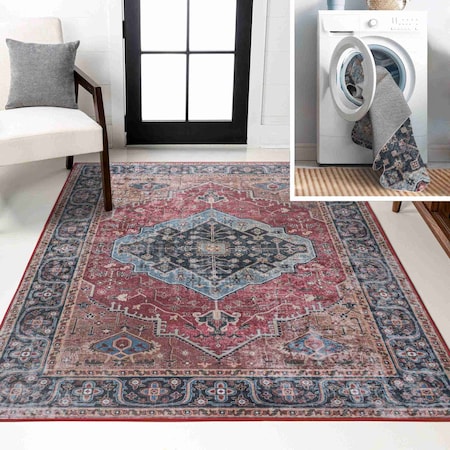 Jonathan Y Alacati Ogee Medallion Non-Slip Machine-Washable Red/Blue/Brown 5 ft. x 8 ft. Area Rug WSH103D-5