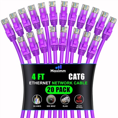 Maximm Cat6 Ethernet Cable 4ft 10Gbps 550MHz UTP, 20PK, Purple, 20PK CAT6CCA-4PU-20PK