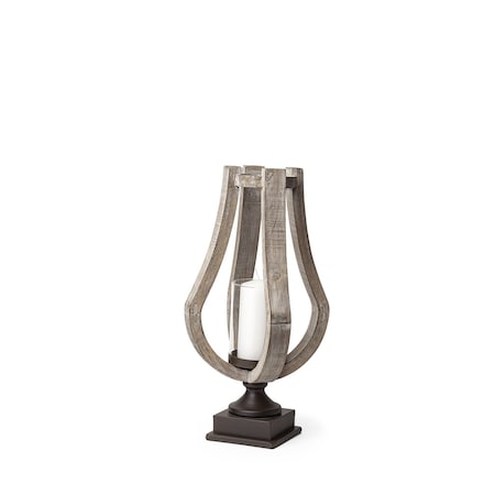Homeroots 17" Brown Distressed Geometric Solid Wood And Metal Tabletop Hurricane Candle Holder 608556