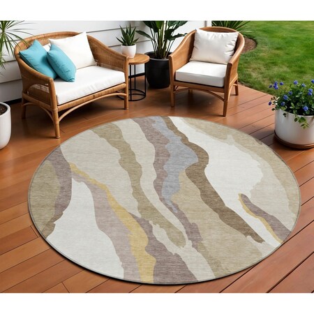 Homeroots 8' Beige Brown And Gray Round Abstract Washable Indoor Outdoor Area Rug 600938