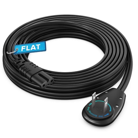 Maximm 12ft 2-Prong TV Power Cord, 360 degrees Flat Plug, Non-Polarized UL, Black ADW-90A-C7F12-16B0