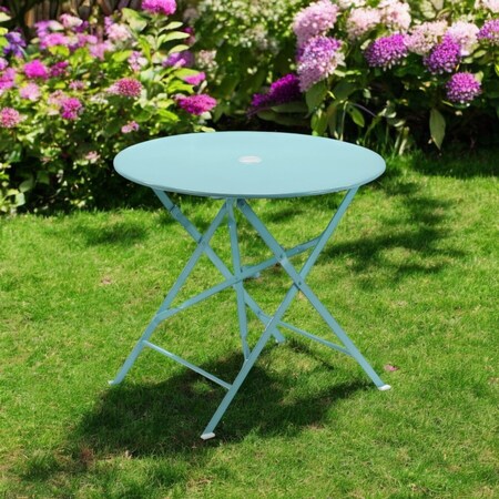 Homeroots 30" Aqua Rounded Aluminum Folding Outdoor Bistro Table with Umbrella Hole 606429