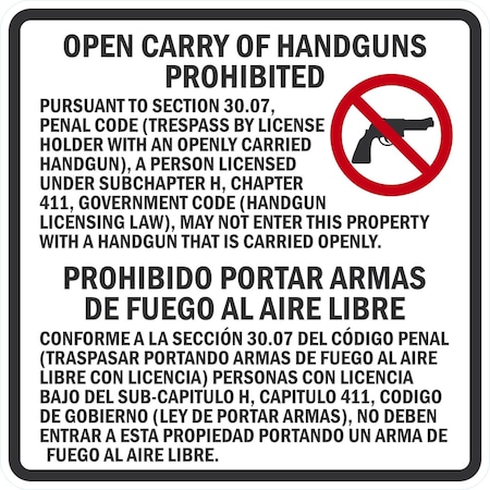 Lyle Section 30.07 Open Carry of Handguns Prohibited Sign, 36x36, Non-Reflective, White G-16497-NA_36x36