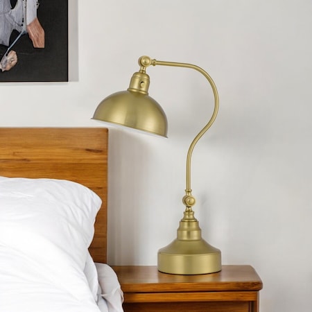 Homeroots 25" Antiqued Brass Metal Lantern Desk Lamp With Antiqued Brass Dome Shade 524725