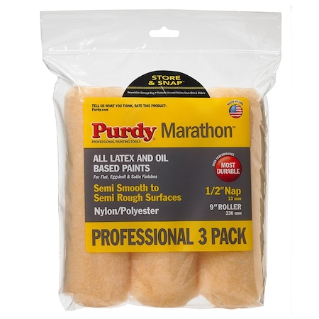 Purdy 9" x 1/2" Nap Purdy 14F861100 Marathon Nylon/Poly Roller Cover, Semi-Smooth/Rough, 3-Pack 144602094