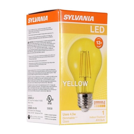 Sylvania Ultra LED Bulb, General Purpose, A19 Lamp, E26 Lamp Base, Dimmable, Yellow, Colored Light 40302