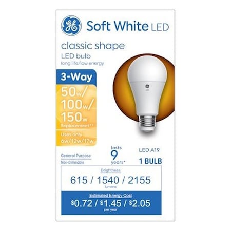 Ge LED Bulb, 3-Way, A19 Lamp, 50/100/150 W Equivalent, Medium Lamp Base 93130566