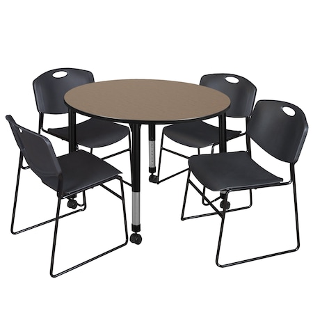 Regency Round Kee Mobile Adjustable Classroom Table W/ 4 Zeng Stack Chairs, 48 in W, 48 in L, Noble Oak TB48RNDNOAPCBK44BK