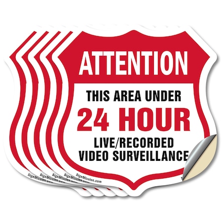 Signmission 24 Hour Surveillance Shield Sign Attenti, 4 inch X 4 inch, Vinyl Decal, 5PK SHI-D-5PACK-4-349