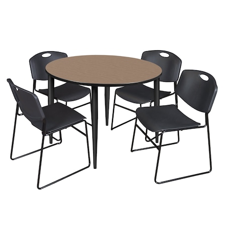Regency Round Kahlo Breakroom Table W/ 4 Zeng Stack Chairs, 48 in W, 48 in L, Noble Oak TPL48RNDNOBK44BK