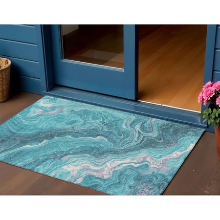 Homeroots 3' X 5' Teal Blue Gray And Ivory Abstract Washable Indoor Outdoor Area Rug 618208