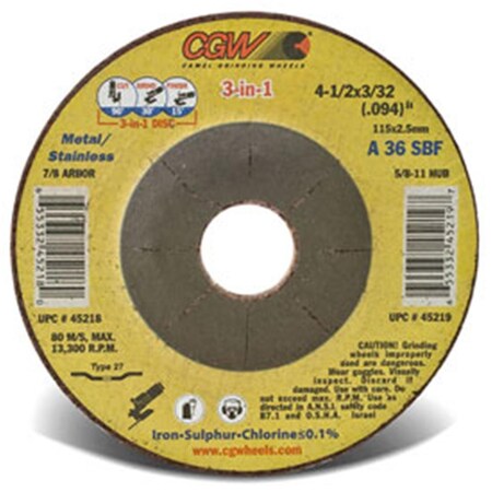 Cgw Camel Grinding Wheels Depressed Center Wheel, 4.5 x 0.09 x 0.88 in., 36 Grit - T27 Aluminium Oxide B2218991