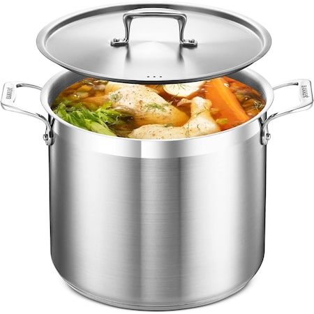 Bakken-Swiss 12QT Stockpot, Brushed Stainless Steel, Induction-Ready, Lid and Riveted Handles, Heavy Duty BAKSTQ12
