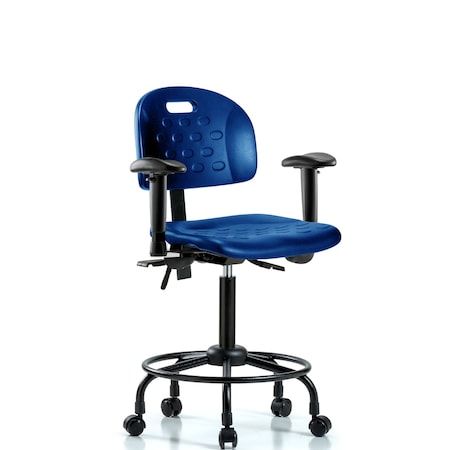 Blue Ridge Ergonomics Poly Chair, Round Tube Base, Med Bench, Arms, Casters, Blue BR-HPMBCH-RT-T0-A1-RC-BLU