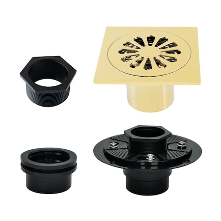 Kingston Brass 4" Brass Square Grid Shower Drain with Hair Strainer and Base Flange, Polished Brass BSFK4161PB