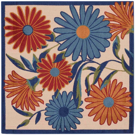 Homeroots 5' Ivory Blue And Orange Square Floral Indoor Outdoor Area Rug 545027