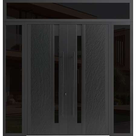 Vdomdoors Aluminum Double Doors Dekton 0163 Ardesia Nero 2 Sidelight and Top Transom Entry Door Painted (W100 DEKTON0163DEXD-ARD-W14+72+14xH80+12-LH-I