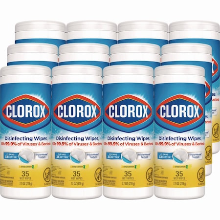 Clorox Disinfecting Wipes, Bleach Free Cleaning Wipes, 1-Ply, 7 x 8, Crisp Lemon, White, 35 Wipes, PK12 01594CT