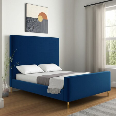 Homeroots Navy Blue Velvet Upholstered Queen Bed Frame 544770