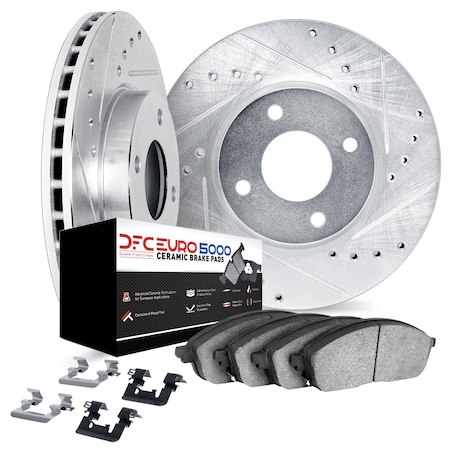 Dynamic Friction Co DFC Rotors-Drilled & Slotted-Silver w/ EURO 5000 Ceramic Brake Pads Incl Hdw 7612-32007