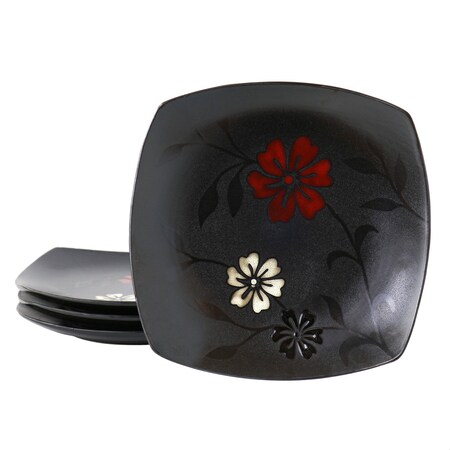 Hometrends Evening Blossom 4 Piece 8 Inch Square Stoneware Salad Plate Set in Black 99478.01