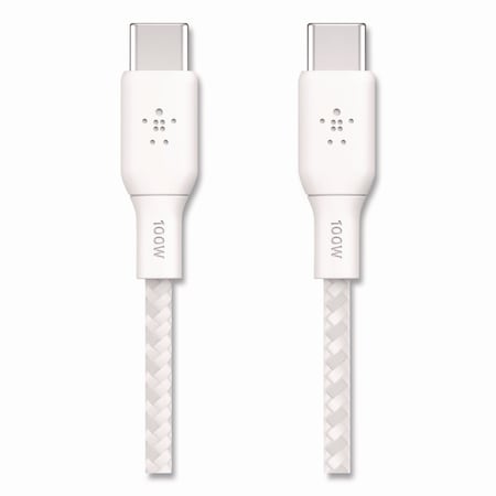 Belkin BOOST CHARGE Braided USB-C to USB-C Cable, 100 W Power Delivery, 6.6 ft, White, 2PK CAB014BT2MWH2PK