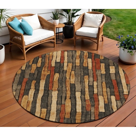 Homeroots 8' Coffee And Brown Round Striped Washable Indoor Outdoor Area Rug 608942