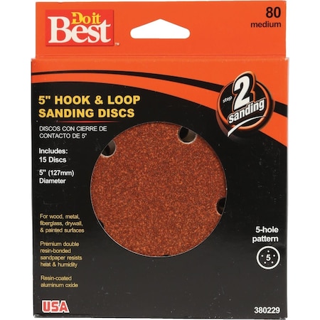 Do It Best 5'' 80-Grit 5-Hole Pattern Vented Sanding Disc with Hook & Loop Backing, 15PK 380229GA