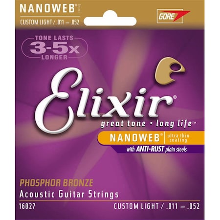 Elixir 0.011-0.052 Gauge Nanoweb Phosphor-Bronze Acoustic Guitar Strings - Custom Light EL315754