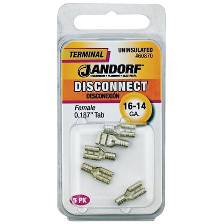 Jandorf Disconnect Terminal, 16 to 14 AWG Wire, Copper Contact, 5PK 60870