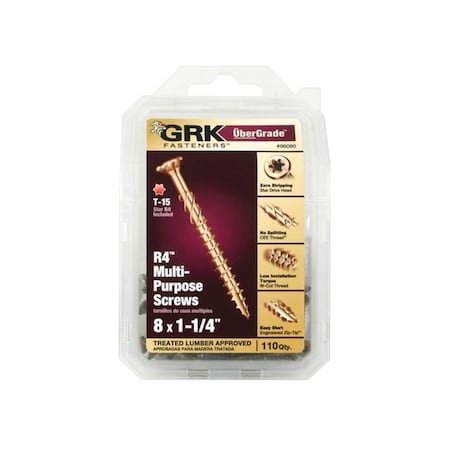 Grk Fasteners Framing and Decking Screw, #8 Thread x 1-1/4" L, Countersunk Head, Steel, Yellow, 110PK 96080