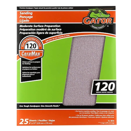 Gator Finishing CeraMax 9 x 11 in. Sanding Sheets, 120 Grit, Medium, 25PK 4414GA