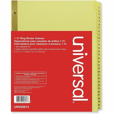 Universal One Preprinted Plastic-Coated Tab Dividers, 31 Numbered Tabs, Letter, Buff, 31/Set UNV20813***