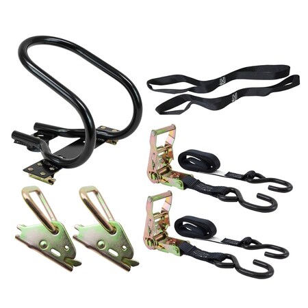 Mytee Products 6 Pc Motorcycle Kit - 1 E-Track Motorcycle Wheel Chock, 1 Motorcycle H & le Bar Straps Pair, 2 ETK-MC-6PCKIT