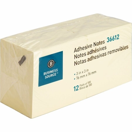 Business Source NOTES, ADHESIVE, 3X3, 12PK, YW, PK18 BSN36612