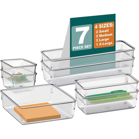 Acrimet Drawer Organizer Modular, Box Tray Storage Bins (7 Units - 4 Sizes) (Clear Crystal Plastic), 7PK 975