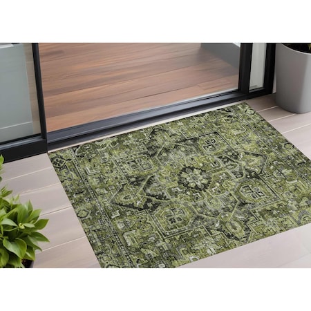 Homeroots 3' X 5' Olive Green and Dark Green Oriental Washable Non Skid Indoor Outdoor Area Rug 563775