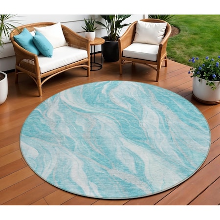 Homeroots 8' Teal Blue Aqua And Ivory Round Abstract Washable Indoor Outdoor Area Rug 583000
