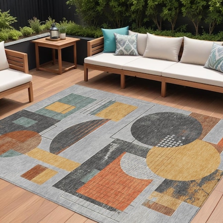 Homeroots 9' X 12' Gray Gold And Orange Geometric Washable Indoor Outdoor Area Rug 618026